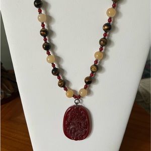 Carved Asian Dragon Motif Pendant Beaded Necklace